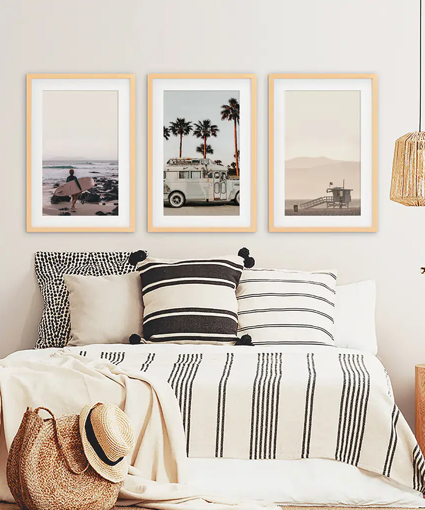 Beige Surfing Wall Art Set. Surfer, Ocean, Bus, Lifeguard