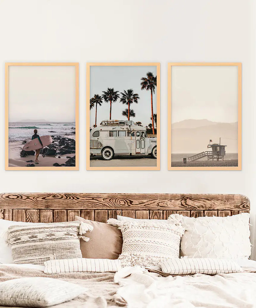 Beige Surfing Wall Art Set. Surfer, Ocean, Bus, Lifeguard