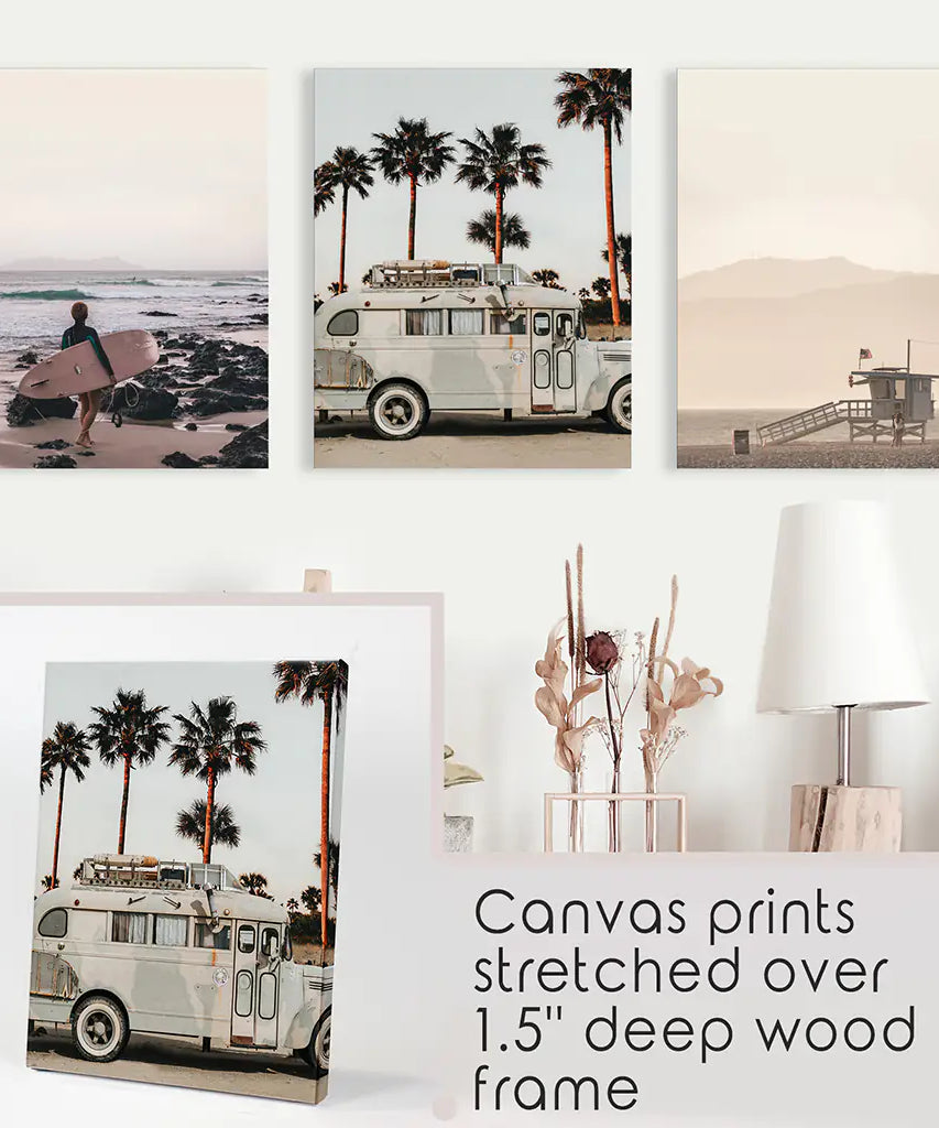 Beige Surfing Wall Art Set. Surfer, Ocean, Bus, Lifeguard
