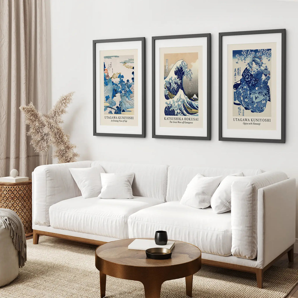 Japanese Woodblock Print Set of 3 | Hokusai Great Wave & Kuniyoshi Art