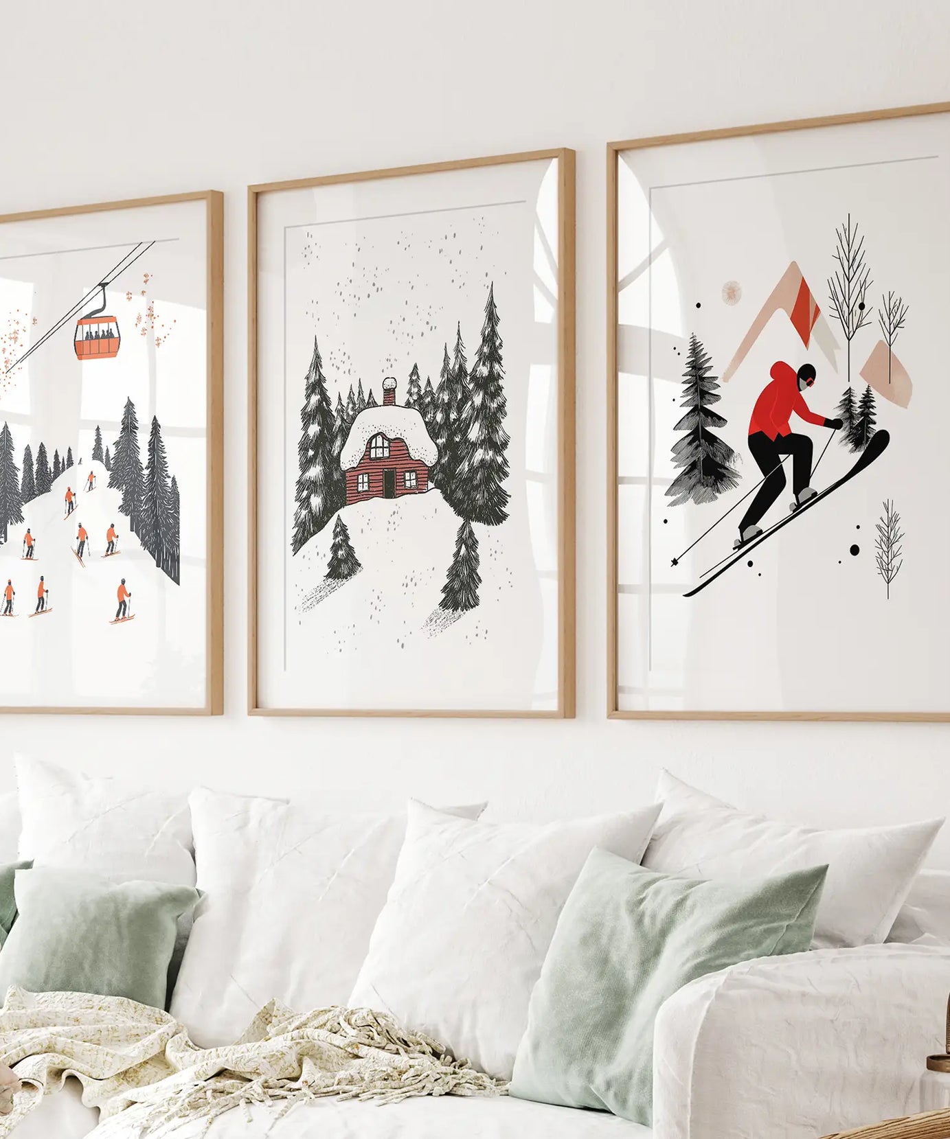 Alpiner Skisport Winter 3er-Set Drucke Wandkunst für Zuhause