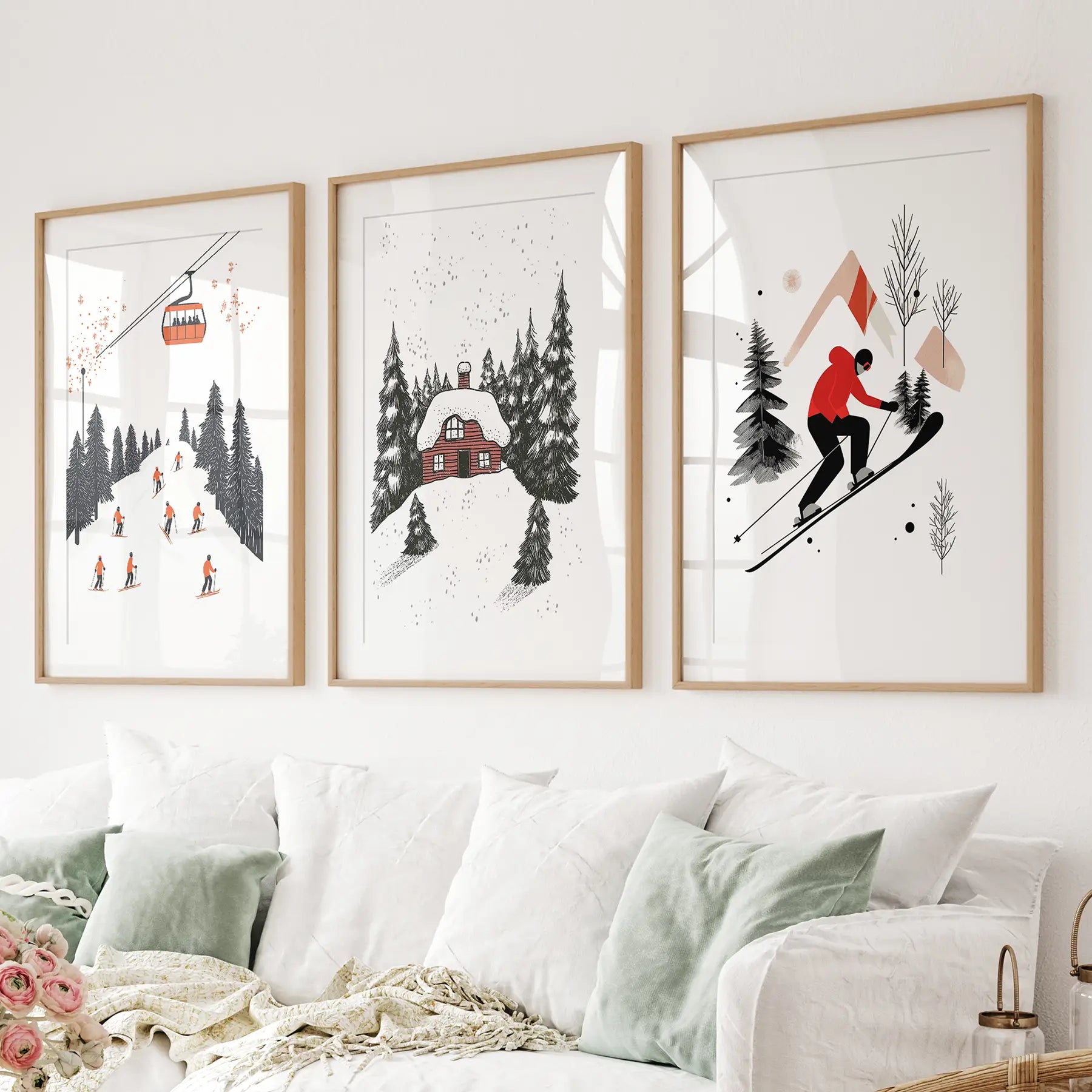 Alpiner Skisport Winter 3er-Set Drucke Wandkunst für Zuhause