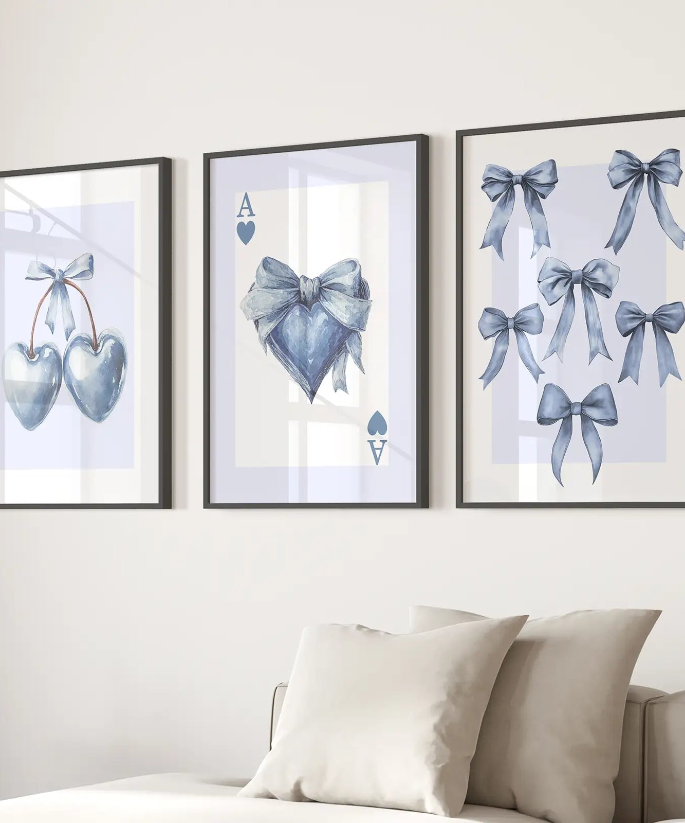 Blue Coquette Bows Wall Art Set of 3 Prints Decor