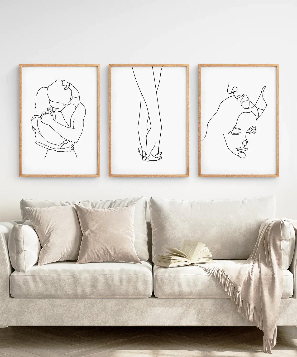 3-teiliges minimalistisches Linienkunst-Set. Pärchen, Händchen haltend