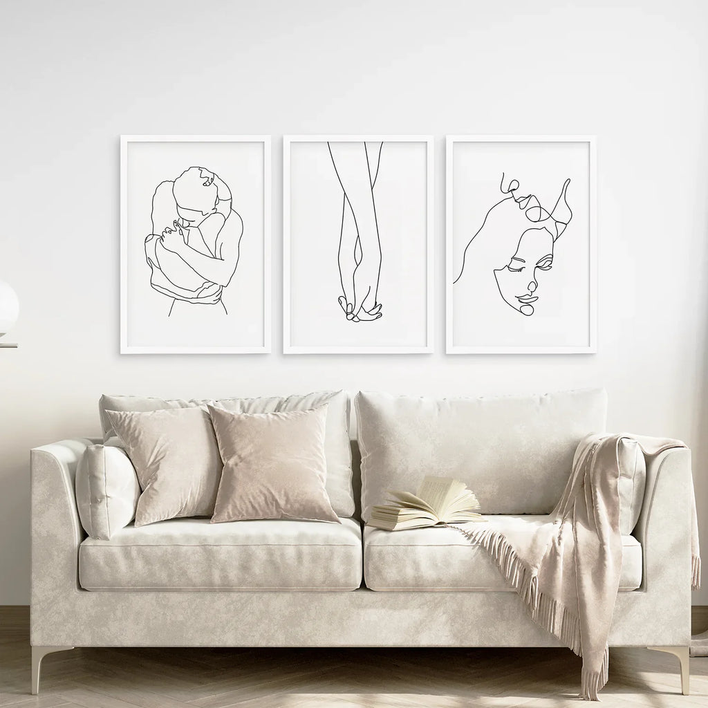 3 Piece Minimalistic Line Art Set. Couple, Holding Hands
