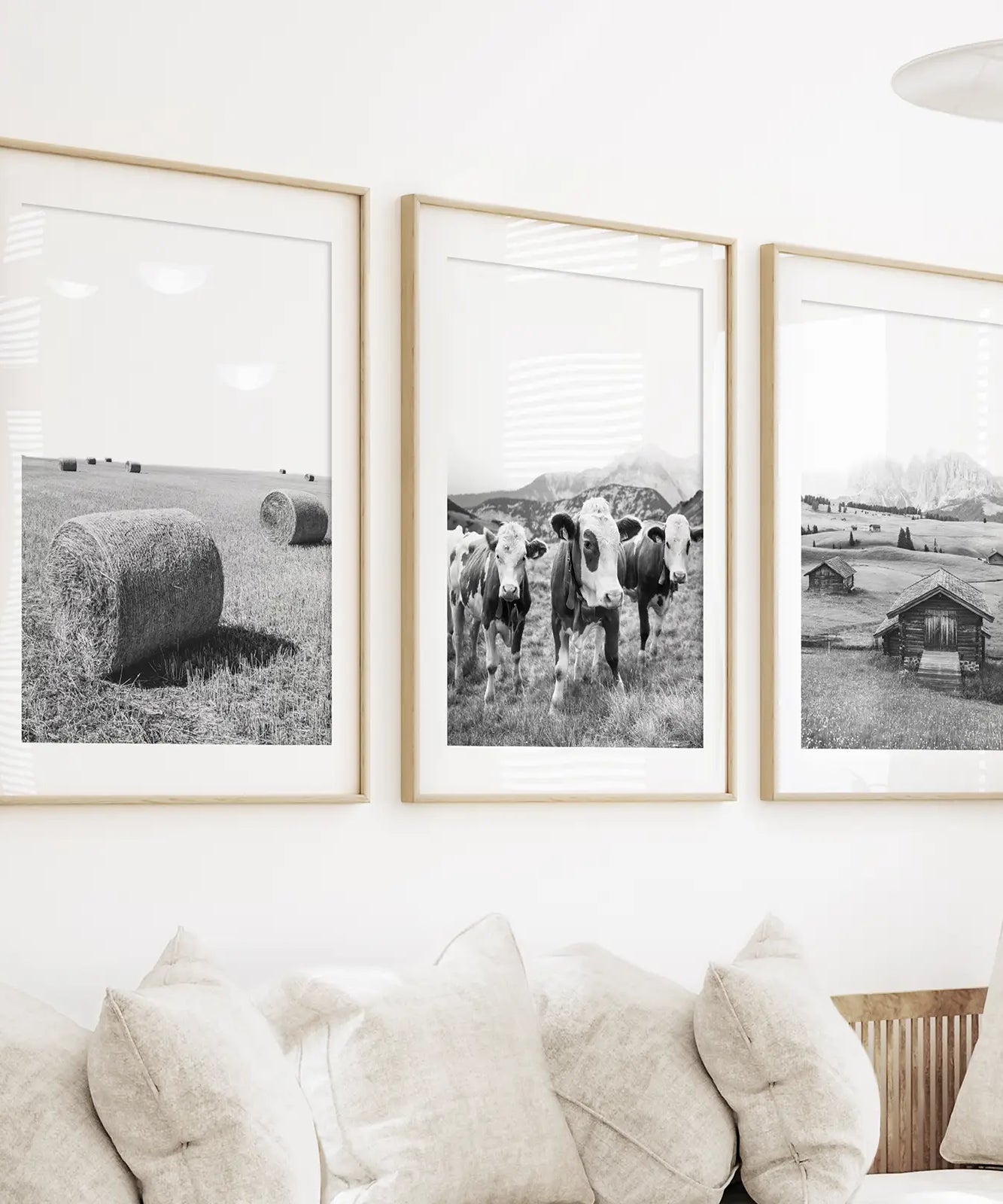 Black White Rustic Photo. Wall Art Set. Cows, Barn, Haystack