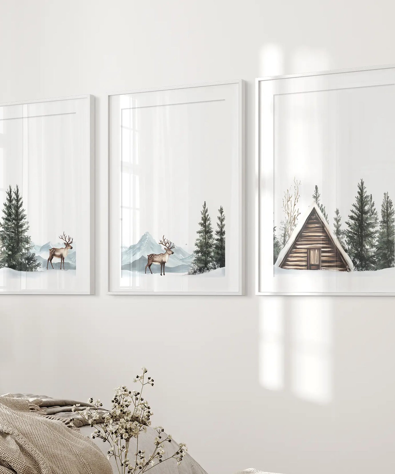 Rustic Cabin, Snowy Forest Prints. 3 Piece Winter Wall Art