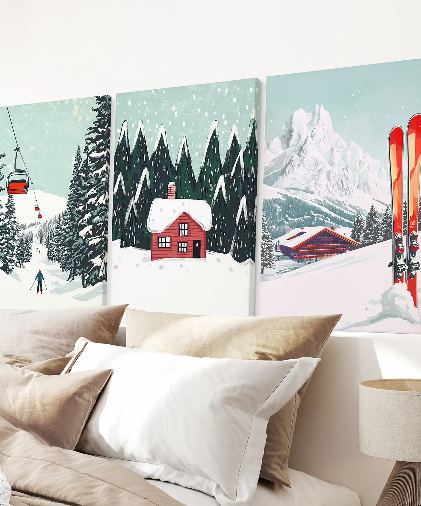 Skilifte, gemütliche Hütte und verschneite Gipfel Wandkunst
