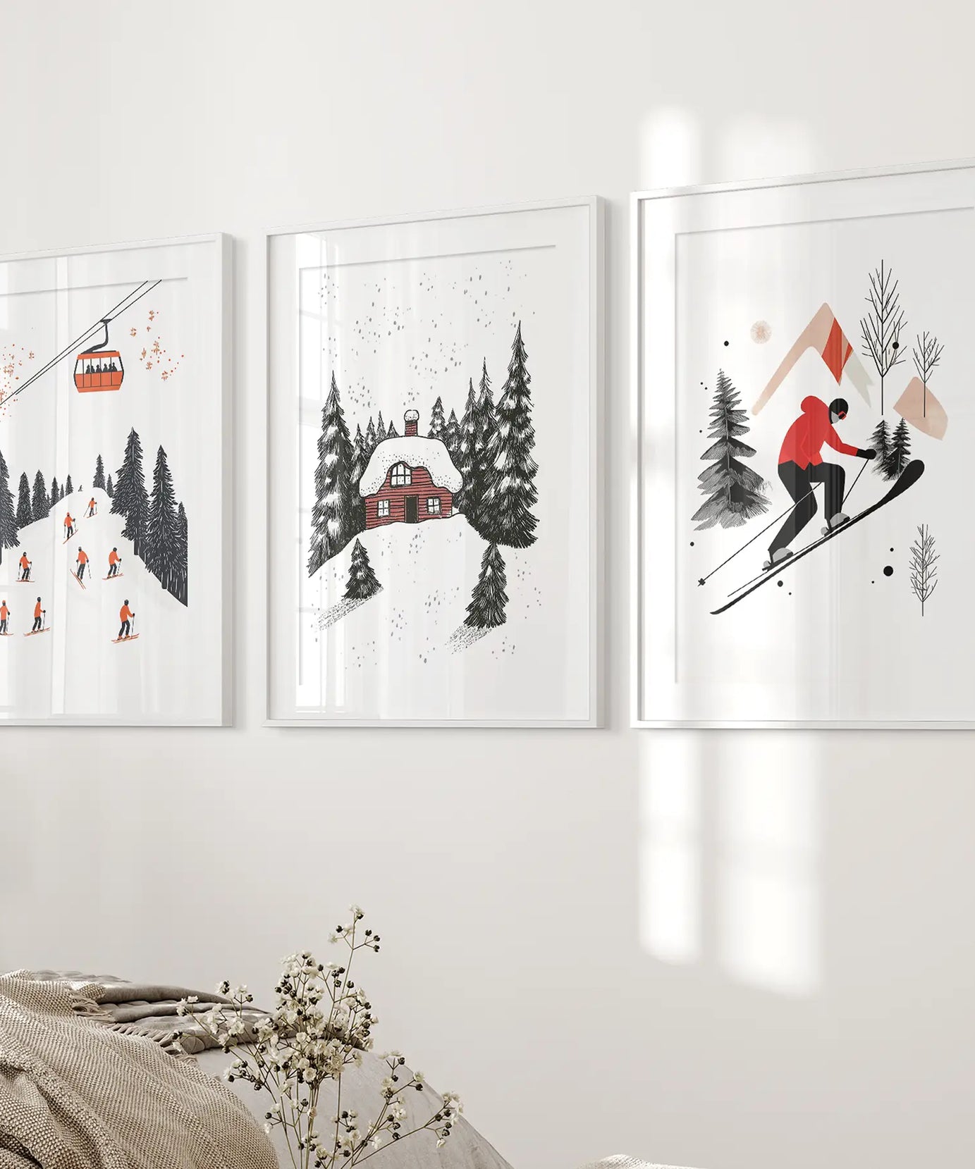 Alpiner Skisport Winter 3er-Set Drucke Wandkunst für Zuhause
