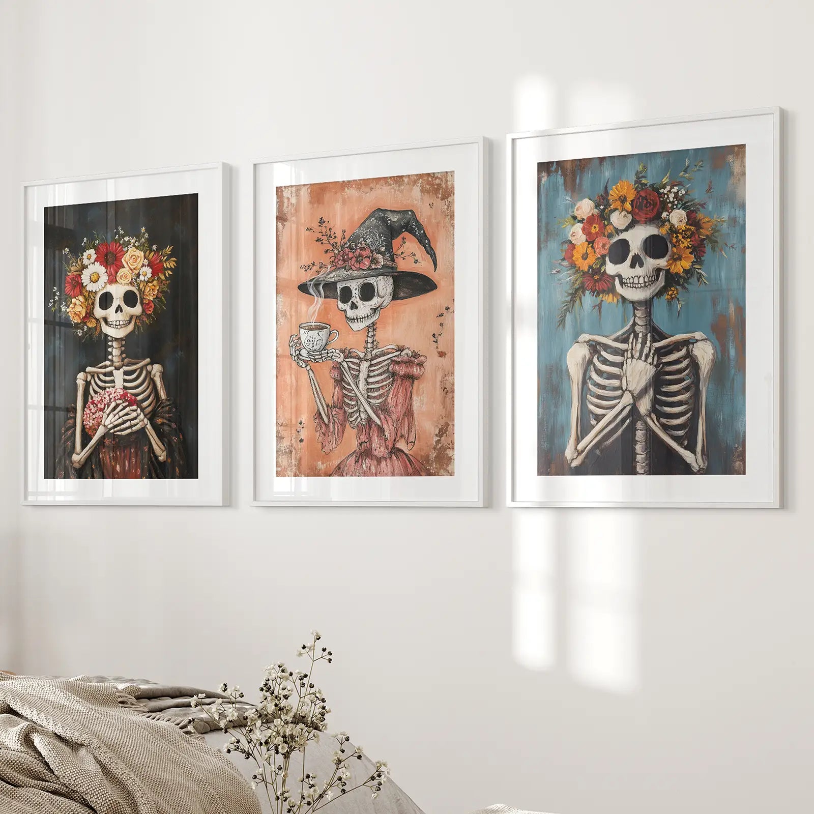 Cozy Floral Skeleton Wall Art Decor Poster Set