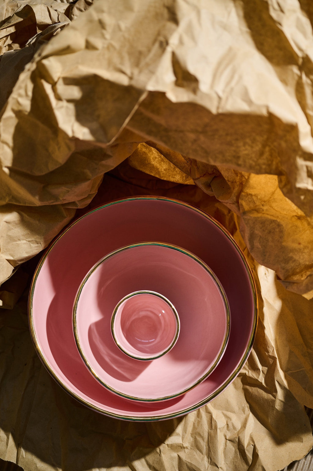 Handmade Porcelain Pink Salad Bowl with Gold Rim