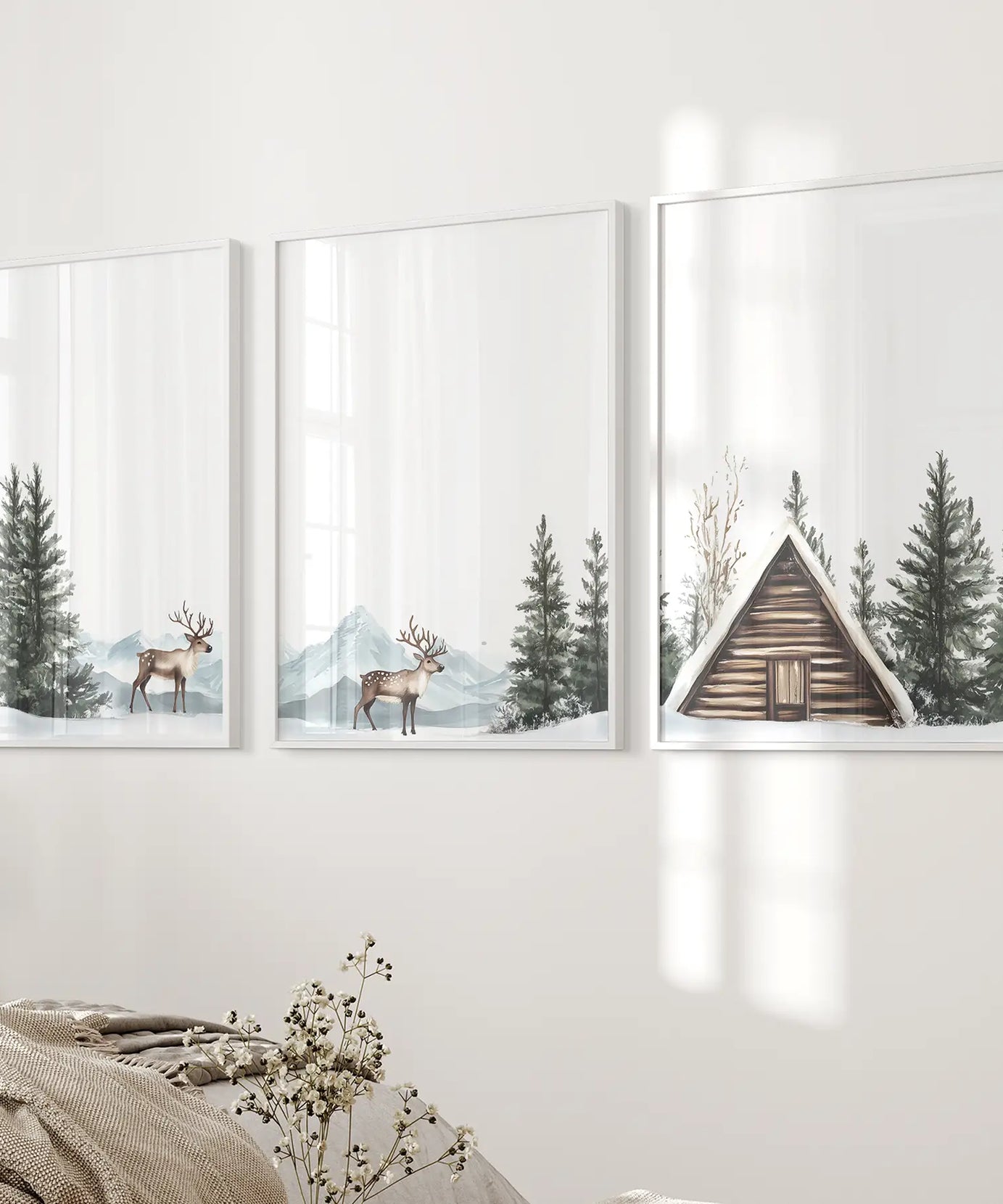 Rustic Cabin, Snowy Forest Prints. 3 Piece Winter Wall Art