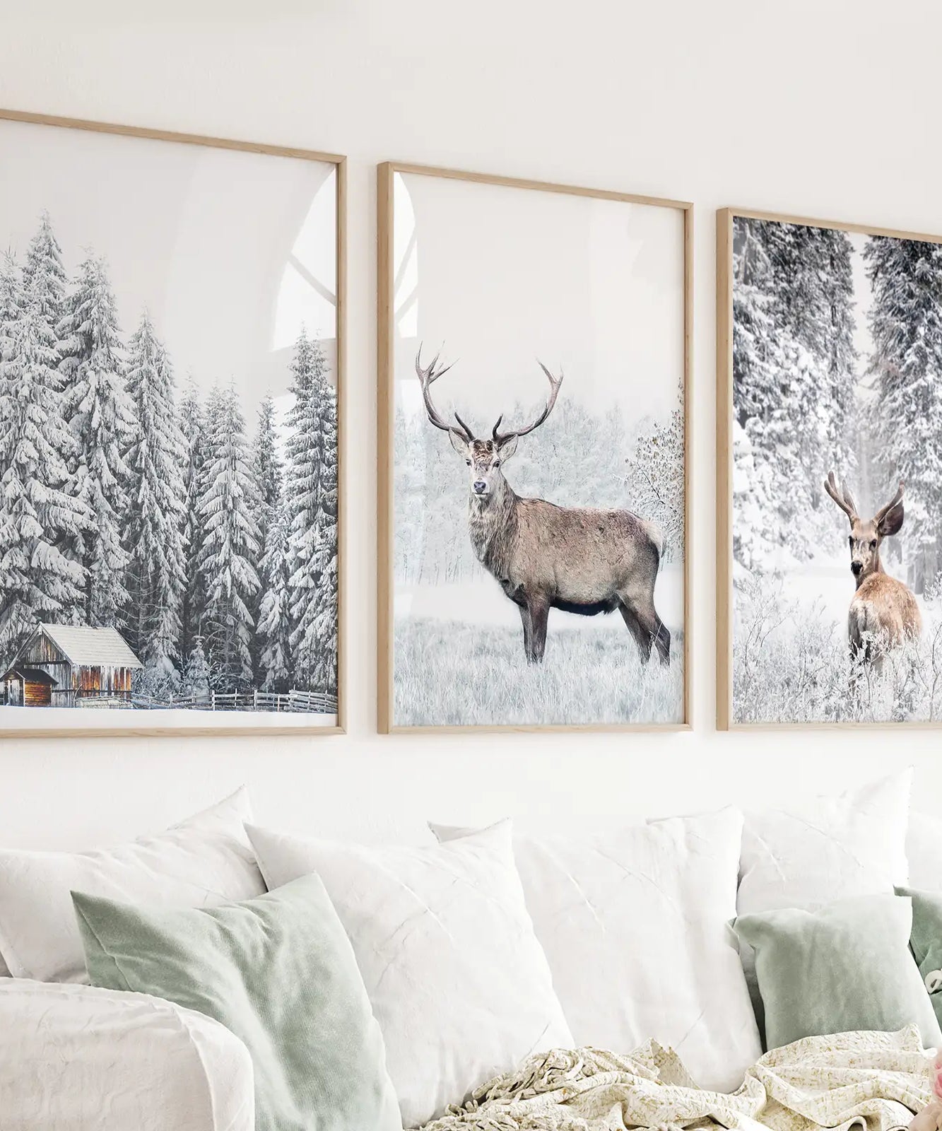 Winter Tier Wanddekor-Set, 3-teilig. Schneebedeckter Wald, Reh