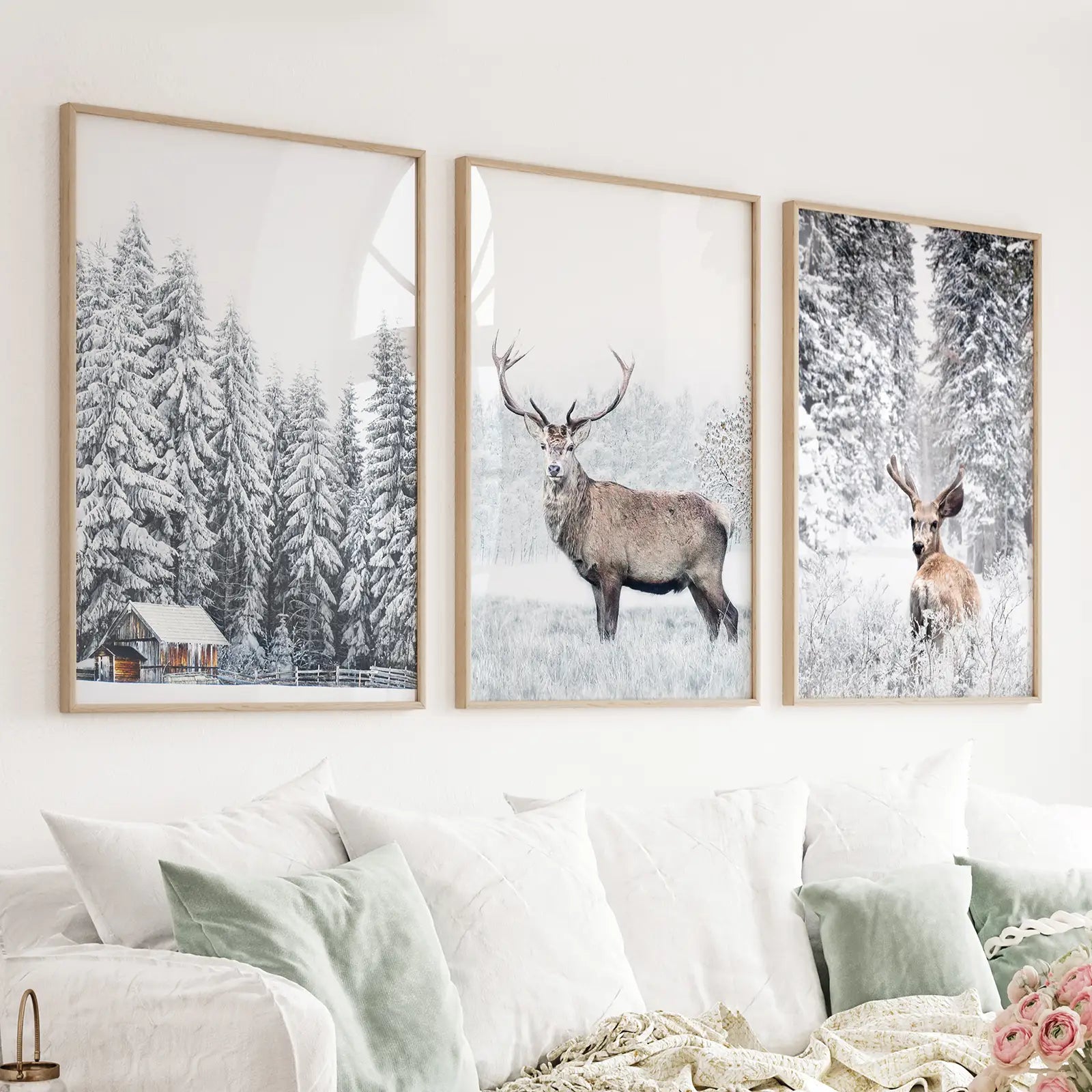 Winter Tier Wanddekor-Set, 3-teilig. Schneebedeckter Wald, Reh