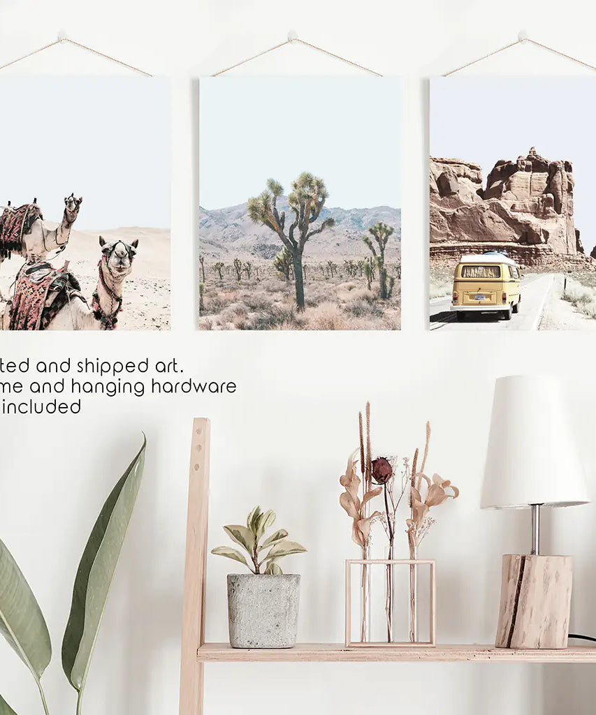 3er Set Southwestern Wüstendrucke. Joshua Tree, Kamel, Van