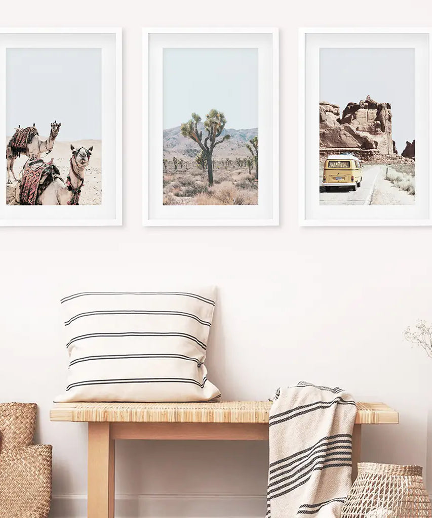 3er Set Southwestern Wüstendrucke. Joshua Tree, Kamel, Van