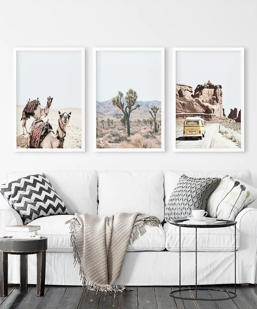3er Set Southwestern Wüstendrucke. Joshua Tree, Kamel, Van