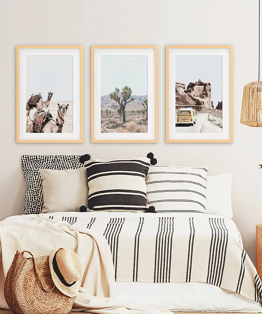 3er Set Southwestern Wüstendrucke. Joshua Tree, Kamel, Van
