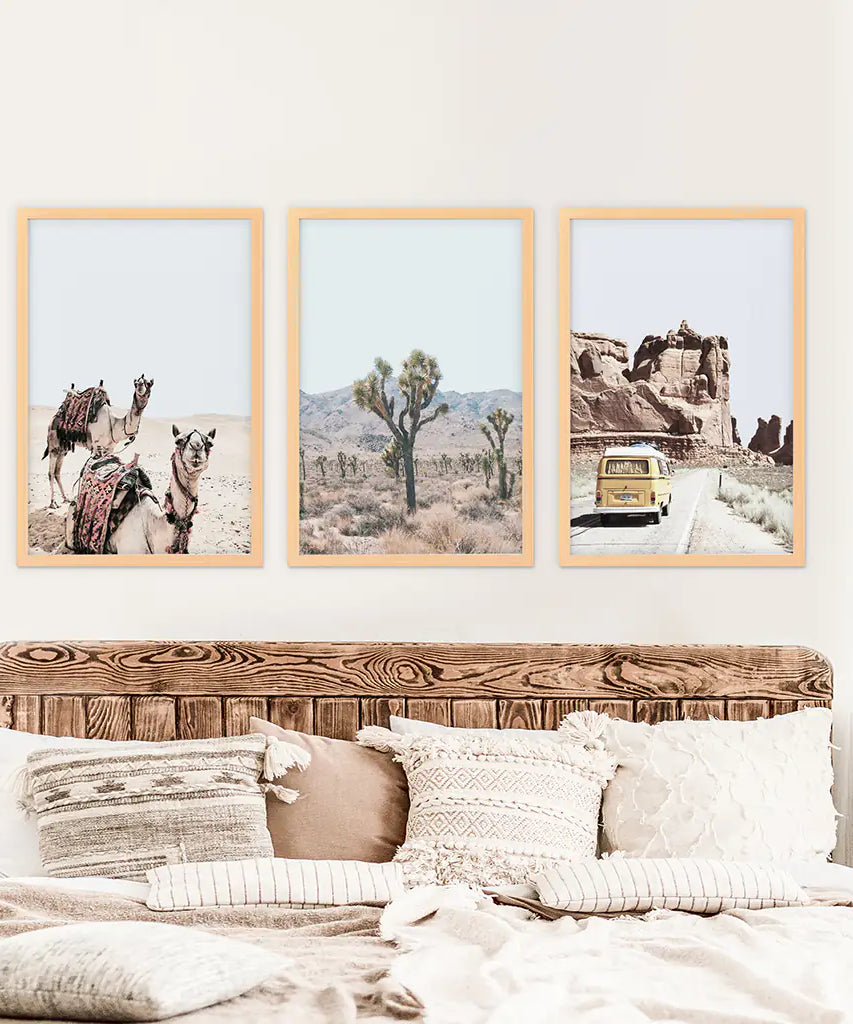 3er Set Southwestern Wüstendrucke. Joshua Tree, Kamel, Van