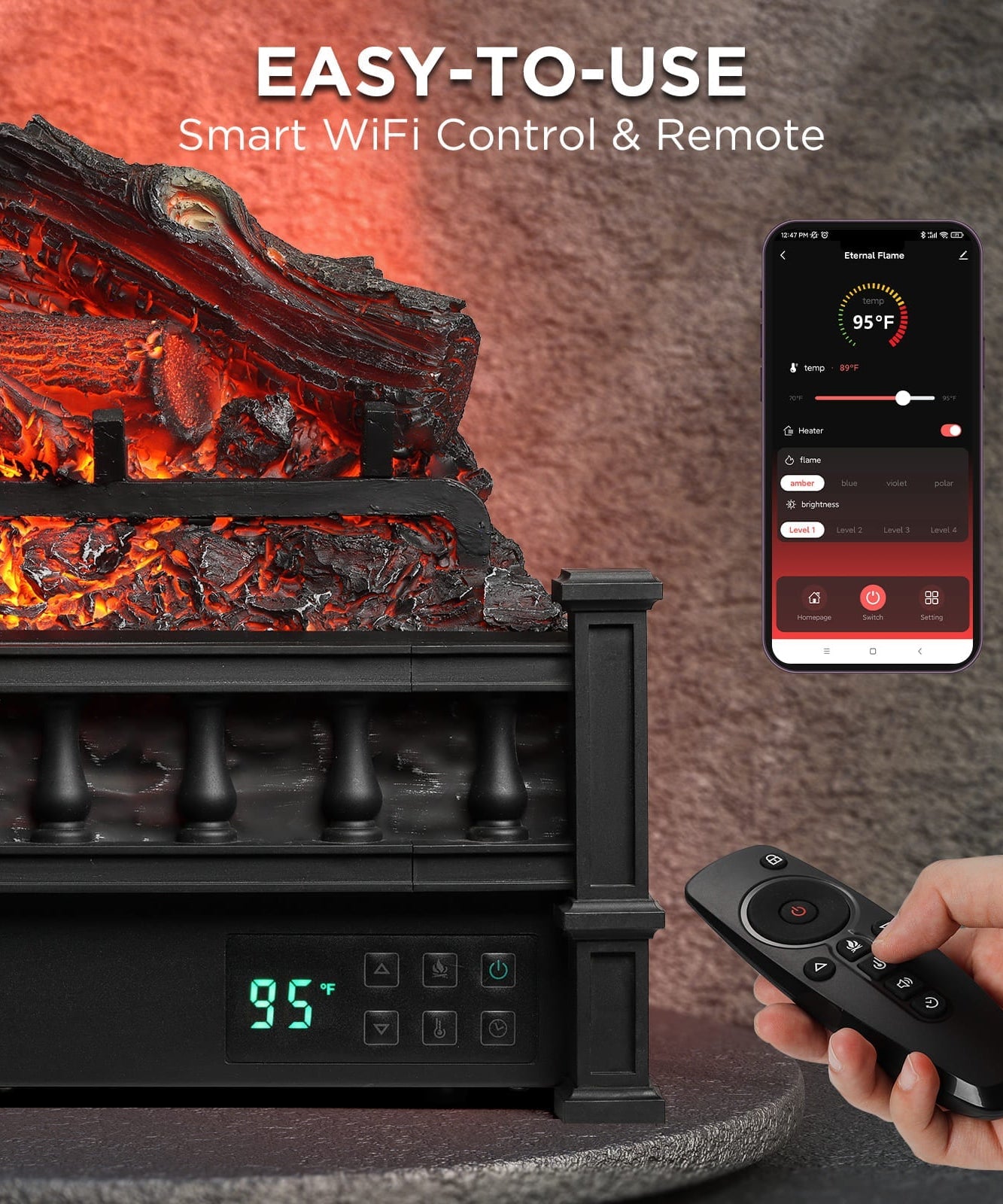 (Open Box) Eternal Flame EF26-LG Smart Electric Fireplace Logs, WiFi Enabled