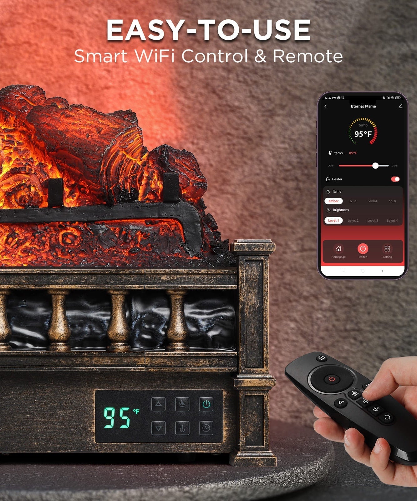 (Open Box) Eternal Flame EF26-PB Smart Electric Fireplace Logs, WiFi Enabled