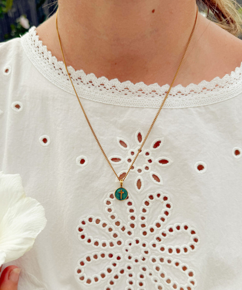 Emerald Agape Cross Pendant Necklace