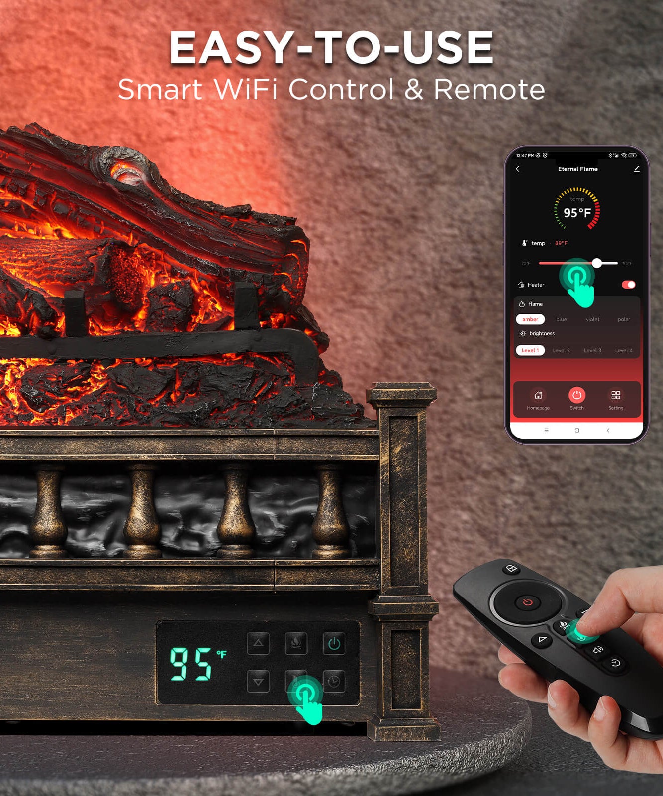 (Open Box) Eternal Flame EF26-LG Smart Electric Fireplace Logs, WiFi Enabled