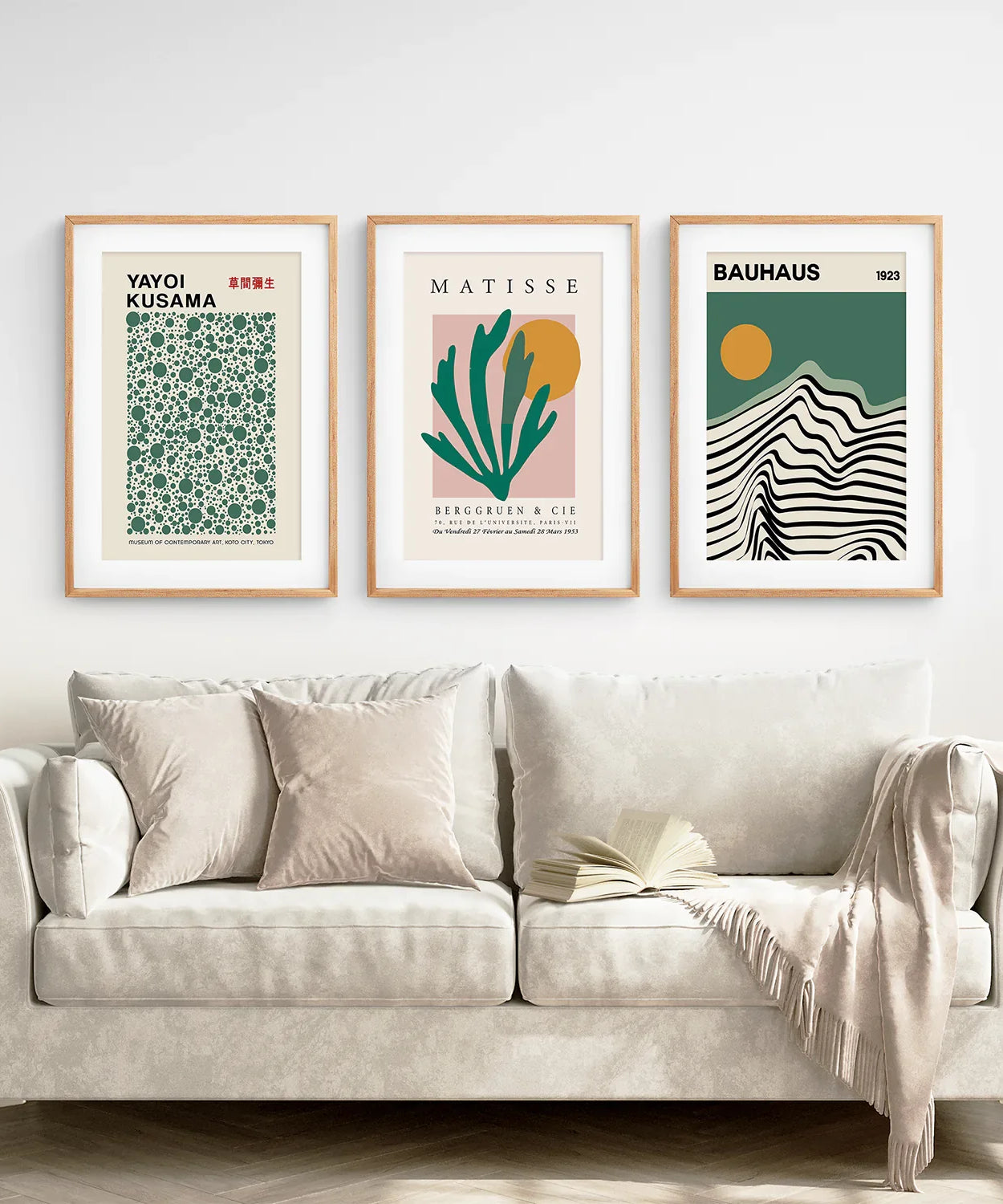 Salbeigrünes 3er-Set Kunstdrucke. Bauhaus, Kusama, Matisse Stil