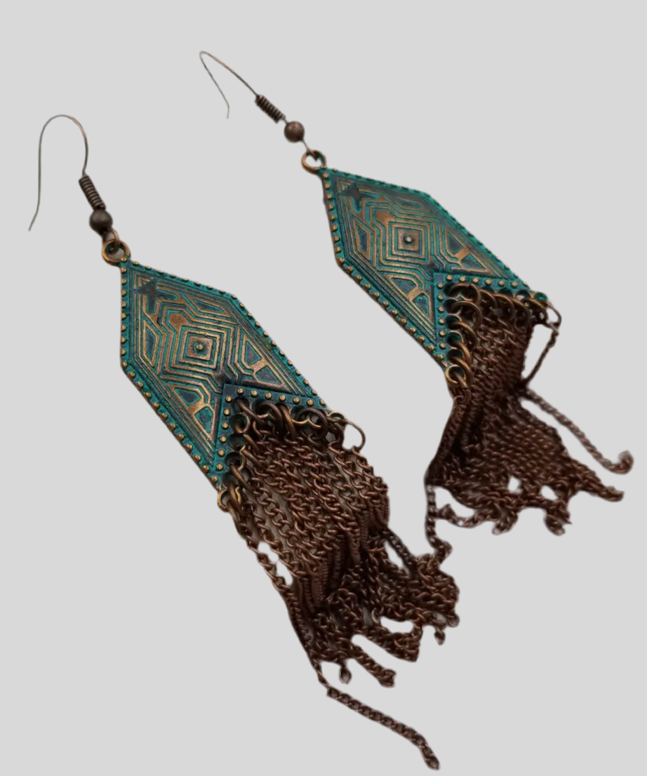 Boho Patina Geometric Fringe Earrings