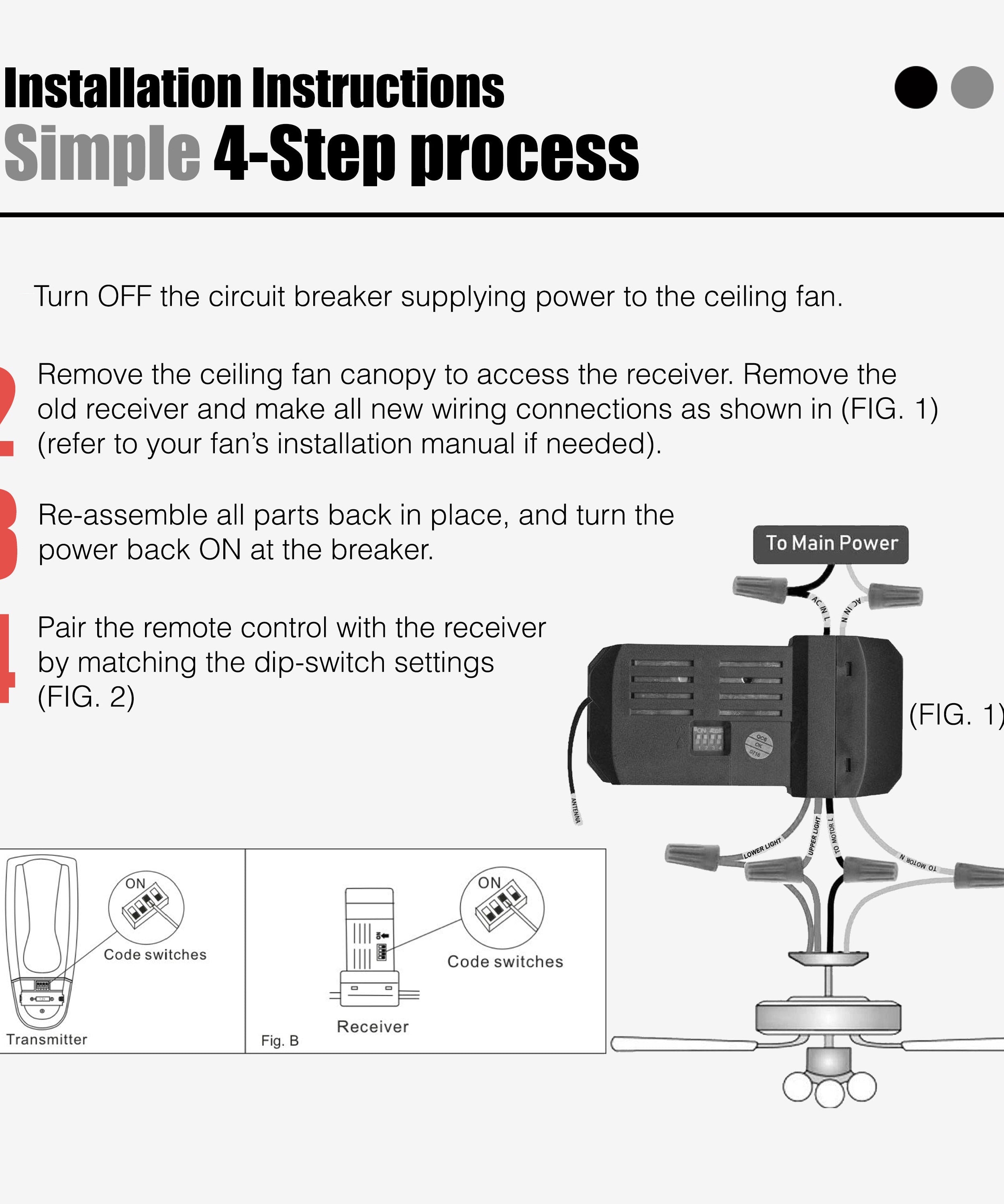 Anderic FAN28R-UD UP & Down light Ceiling Fan Remote control receiver for Hampton Bay | AC | 3-Speed | Dimming - FAN28RUD