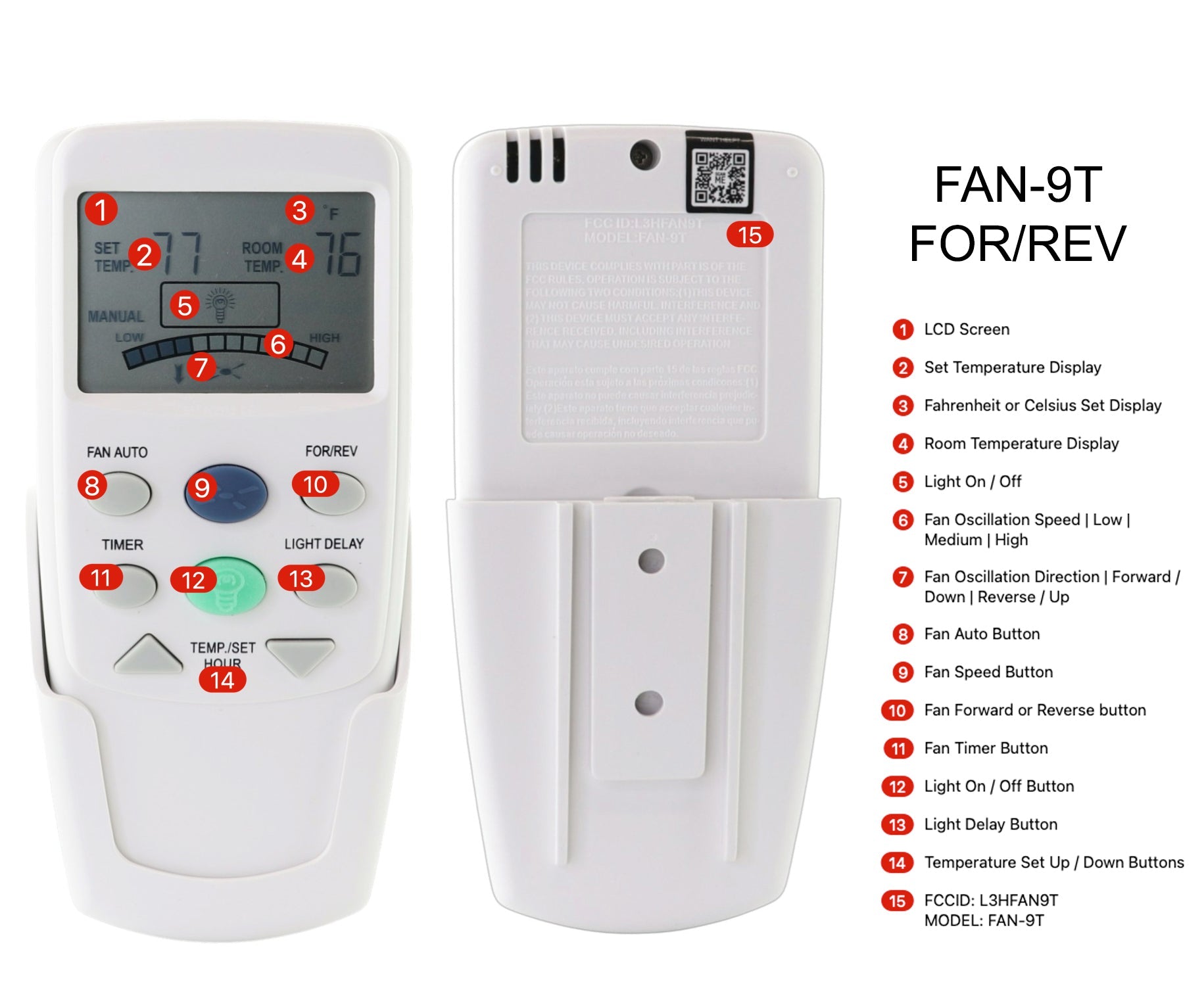Anderic FAN9TR Replacement Thermostatic Ceiling Fan Remote Control with Reverse Key for Hampton Bay | L3HFAN9T, FAN-9T