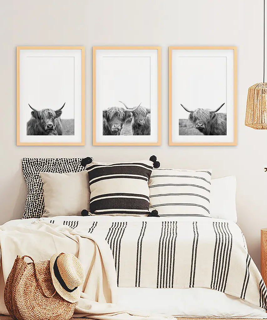 Black White Highland Cow Photo. 3 Piece Wall Art