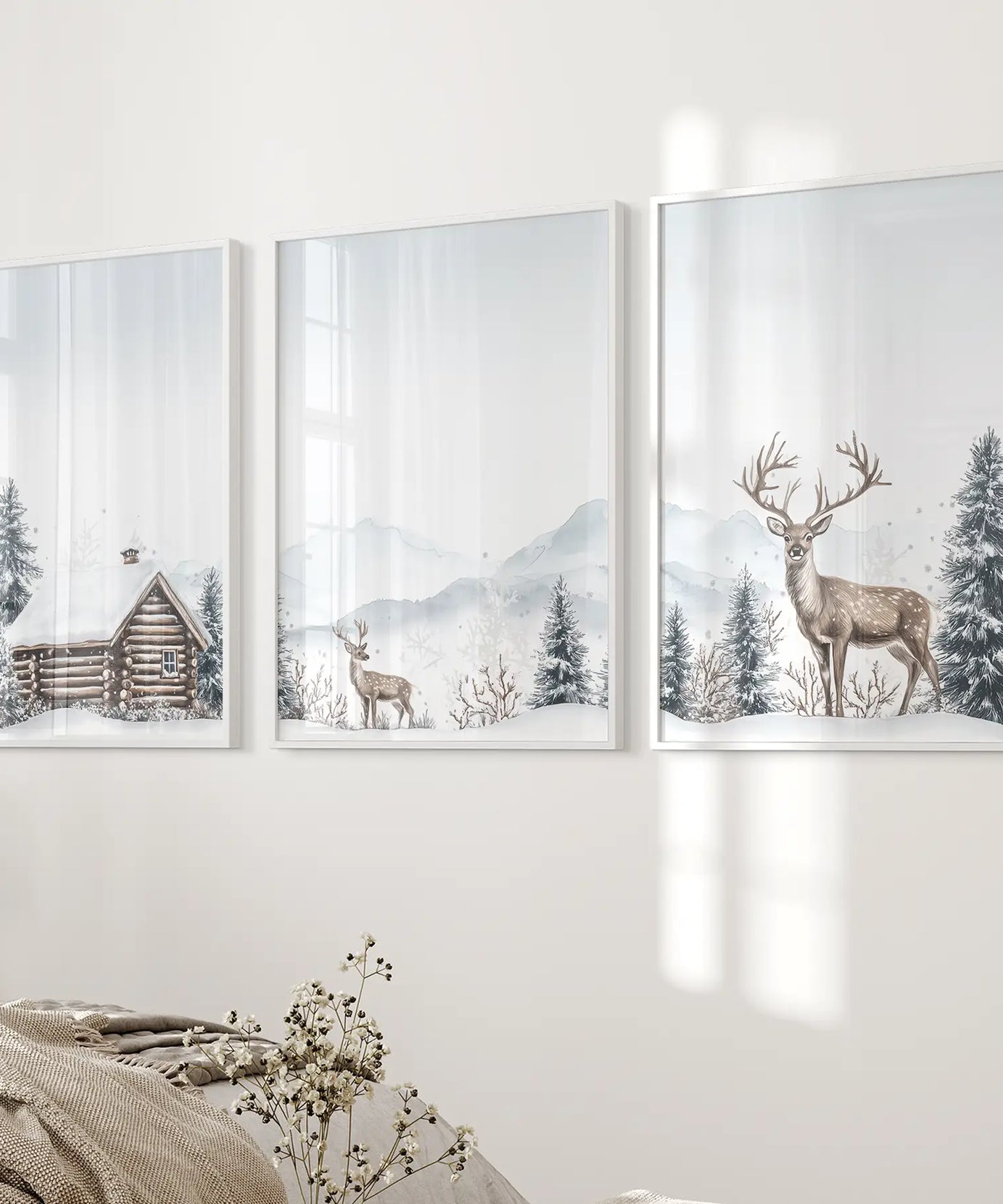 Snowy Deer Wall Art Set of 3. Winter Woodland Prints