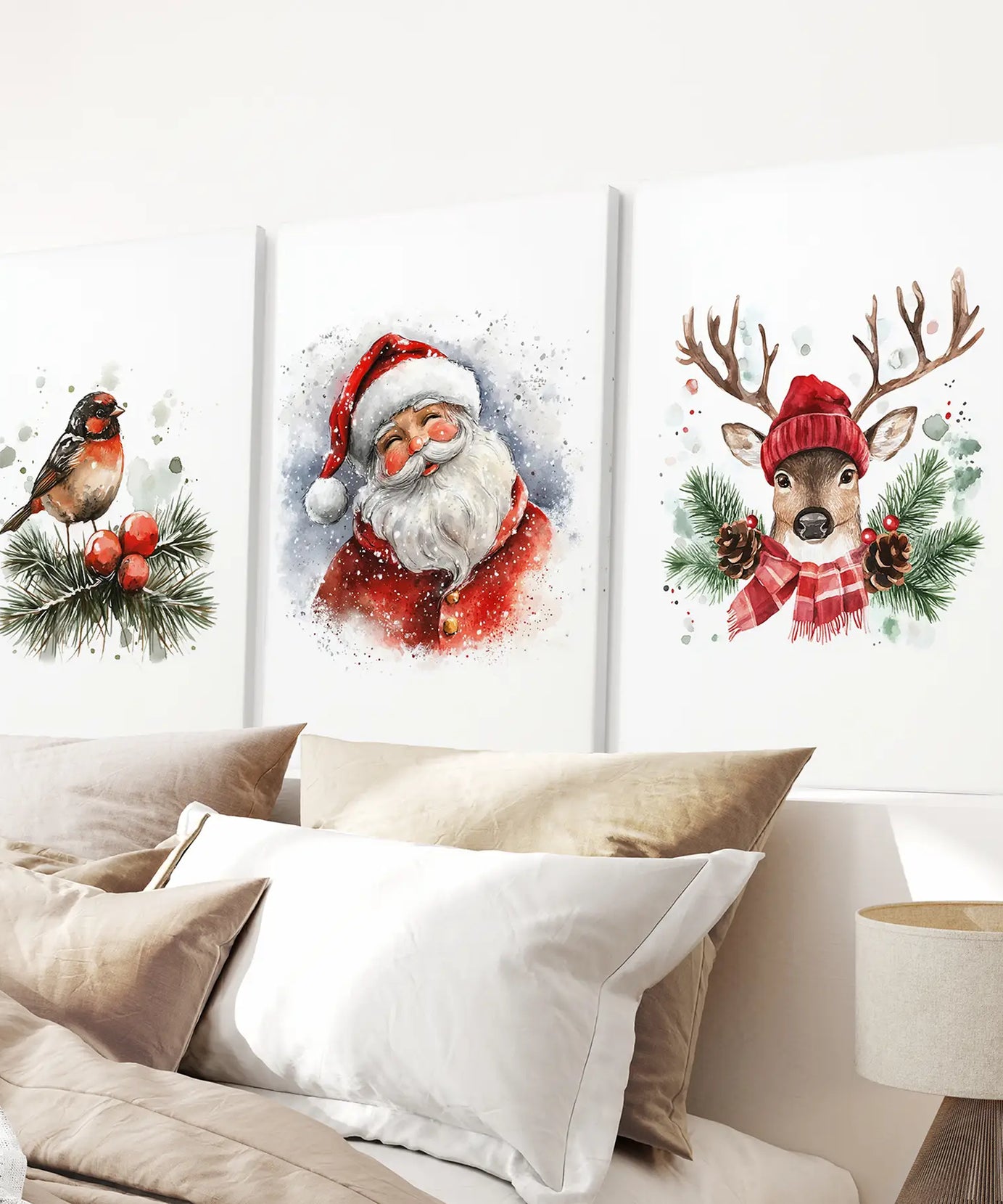 Christmas Print Set of 3: Santa, Reindeer, Holiday Wall Art
