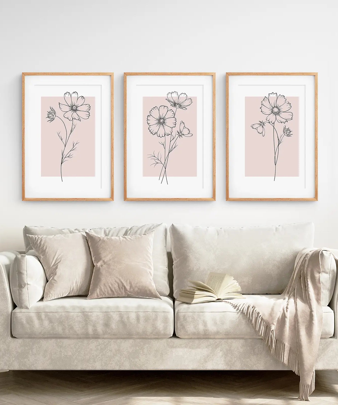 Rosa Wandkunst Set mit 3 botanischen modernen Dekorationen