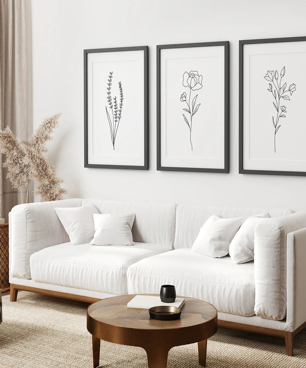 Minimalistische Schwarz-Weiß Botanische Linienkunst. Set aus 3 Drucken