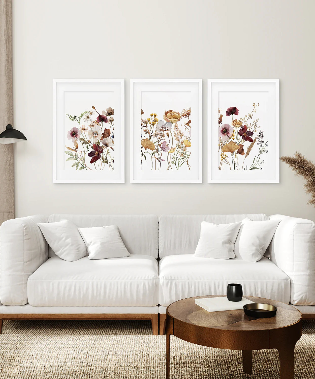 3-teiliges Wandbild-Set mit braunen und roten Wildblumen