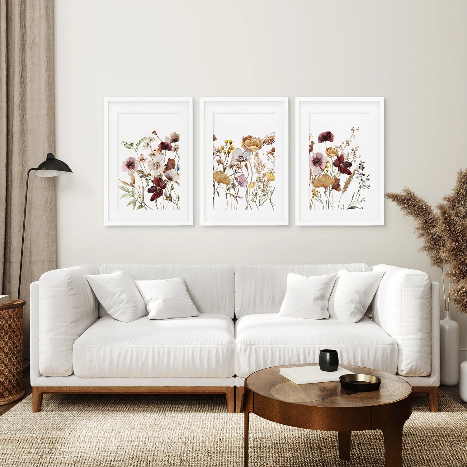3-teiliges Wandbild-Set mit braunen und roten Wildblumen
