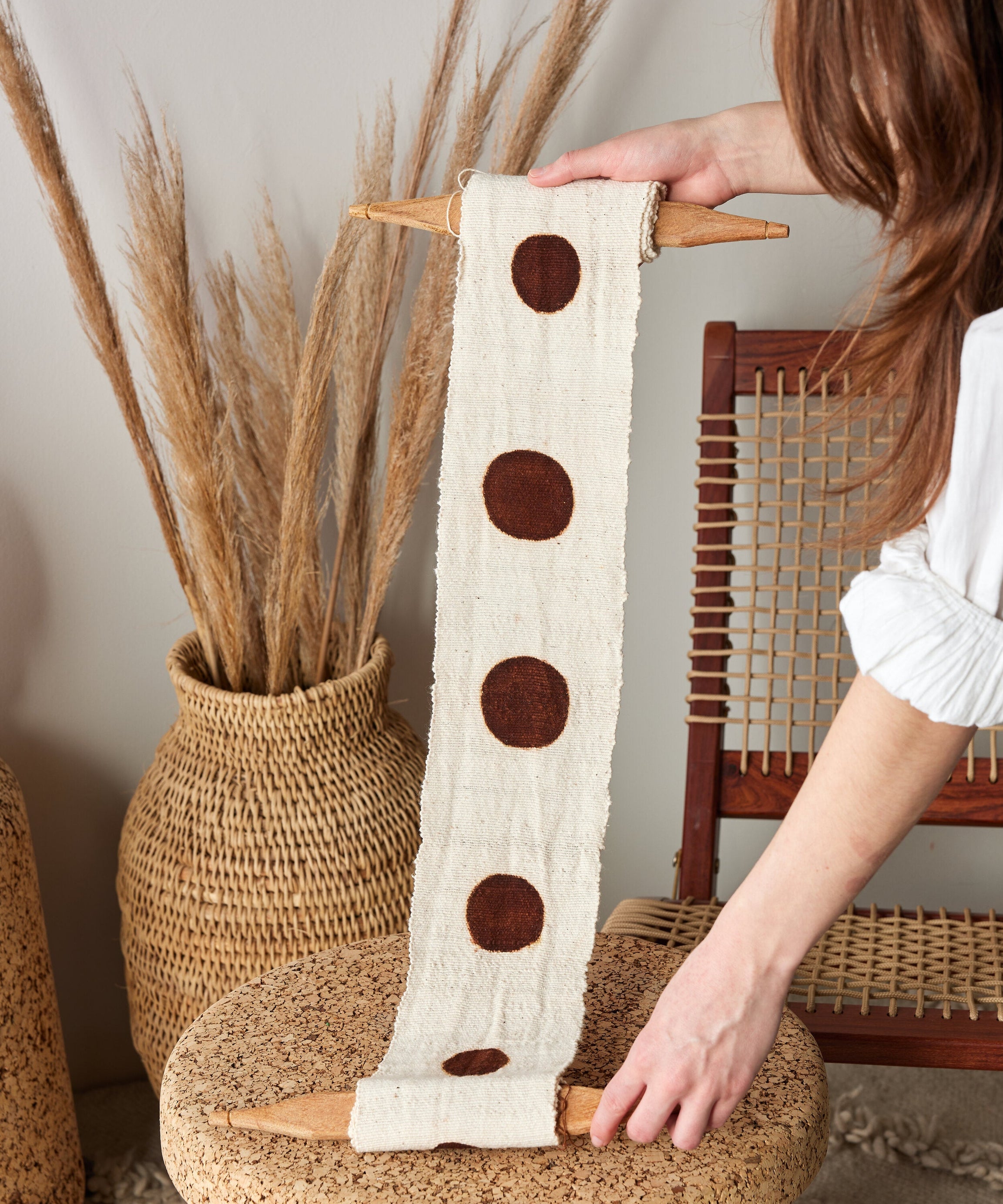 Flourish Bogolan Wall Totem in White with Brown Circles