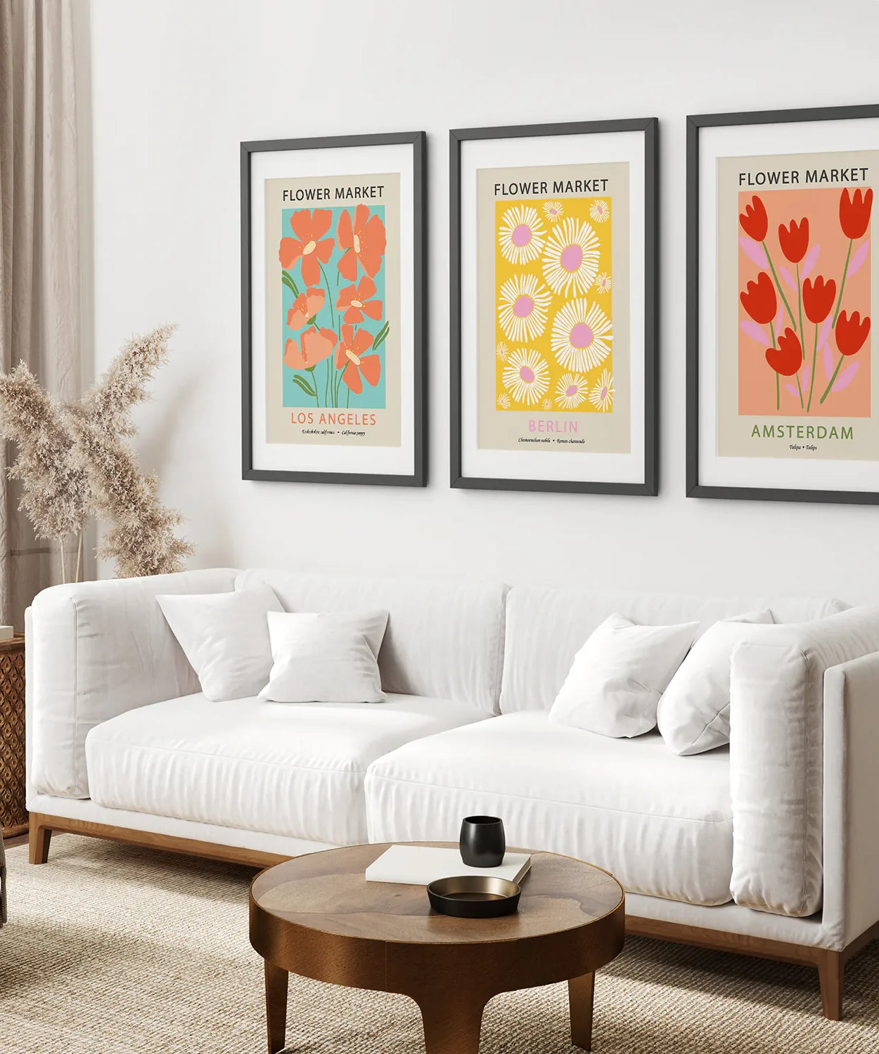 3-teiliges botanisches Boho-Kunst-Set. Thema Blumenmarkt