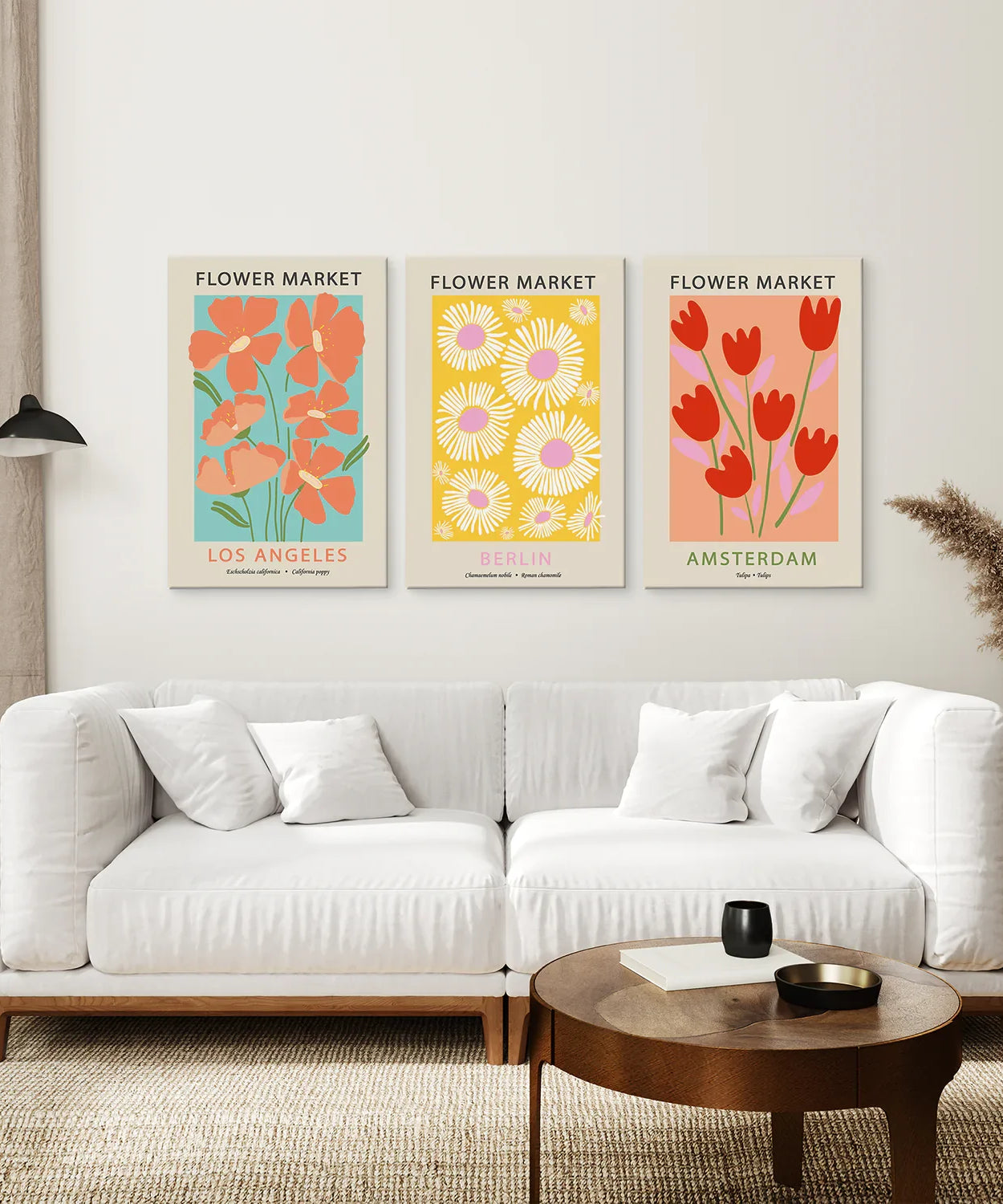3-teiliges botanisches Boho-Kunst-Set. Thema Blumenmarkt