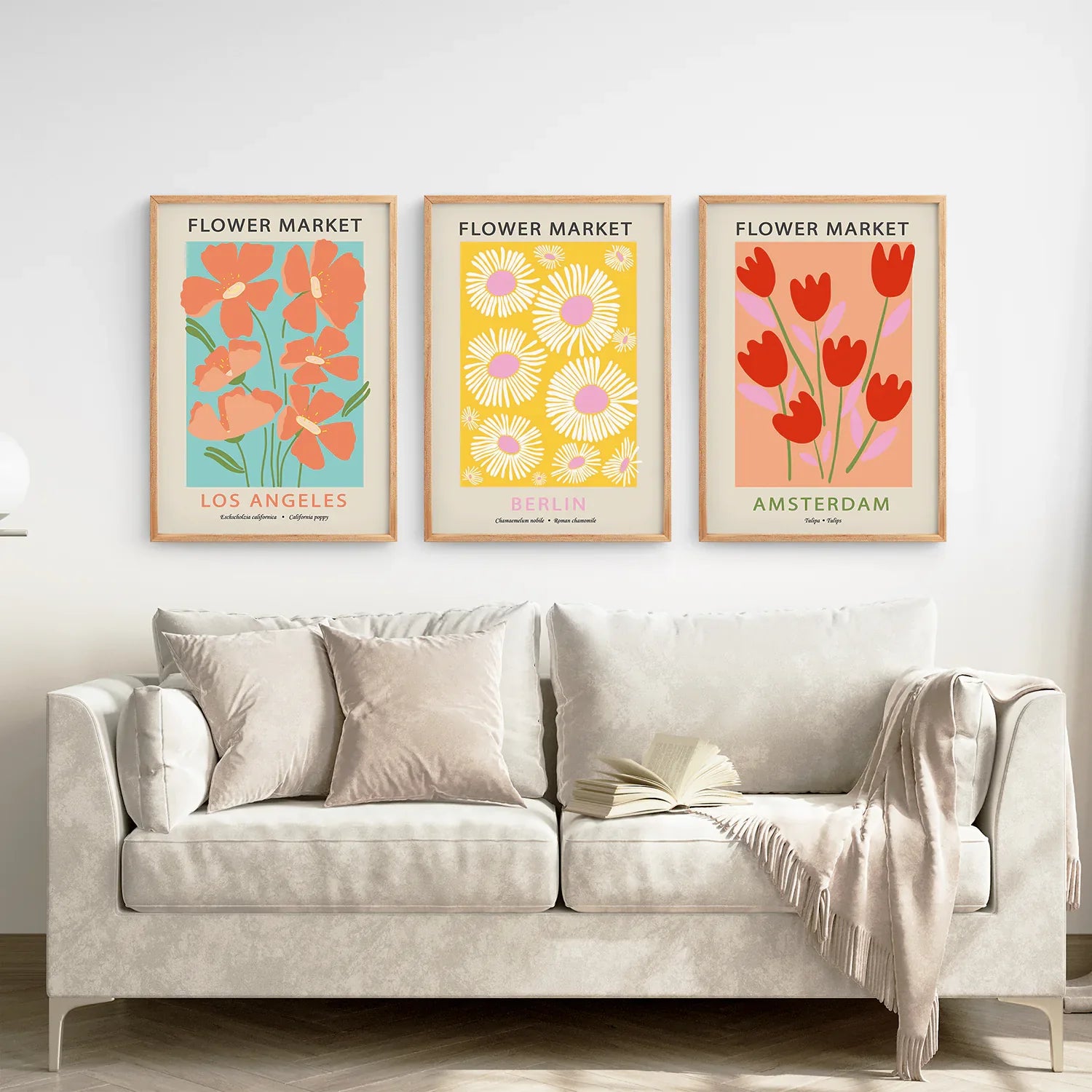 3-teiliges botanisches Boho-Kunst-Set. Thema Blumenmarkt