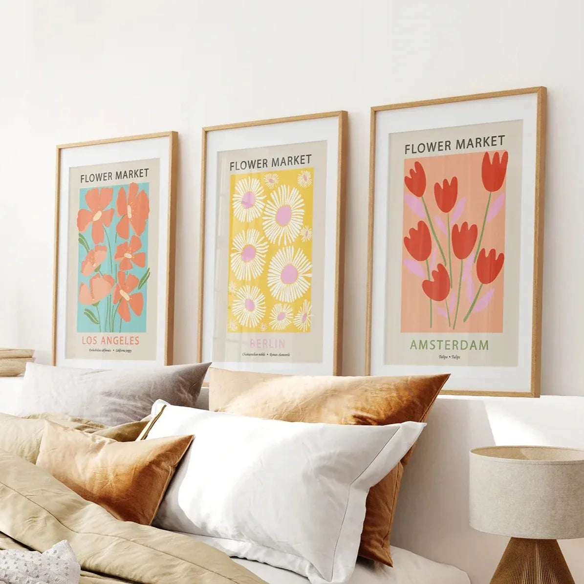 3-teiliges botanisches Boho-Kunst-Set. Thema Blumenmarkt