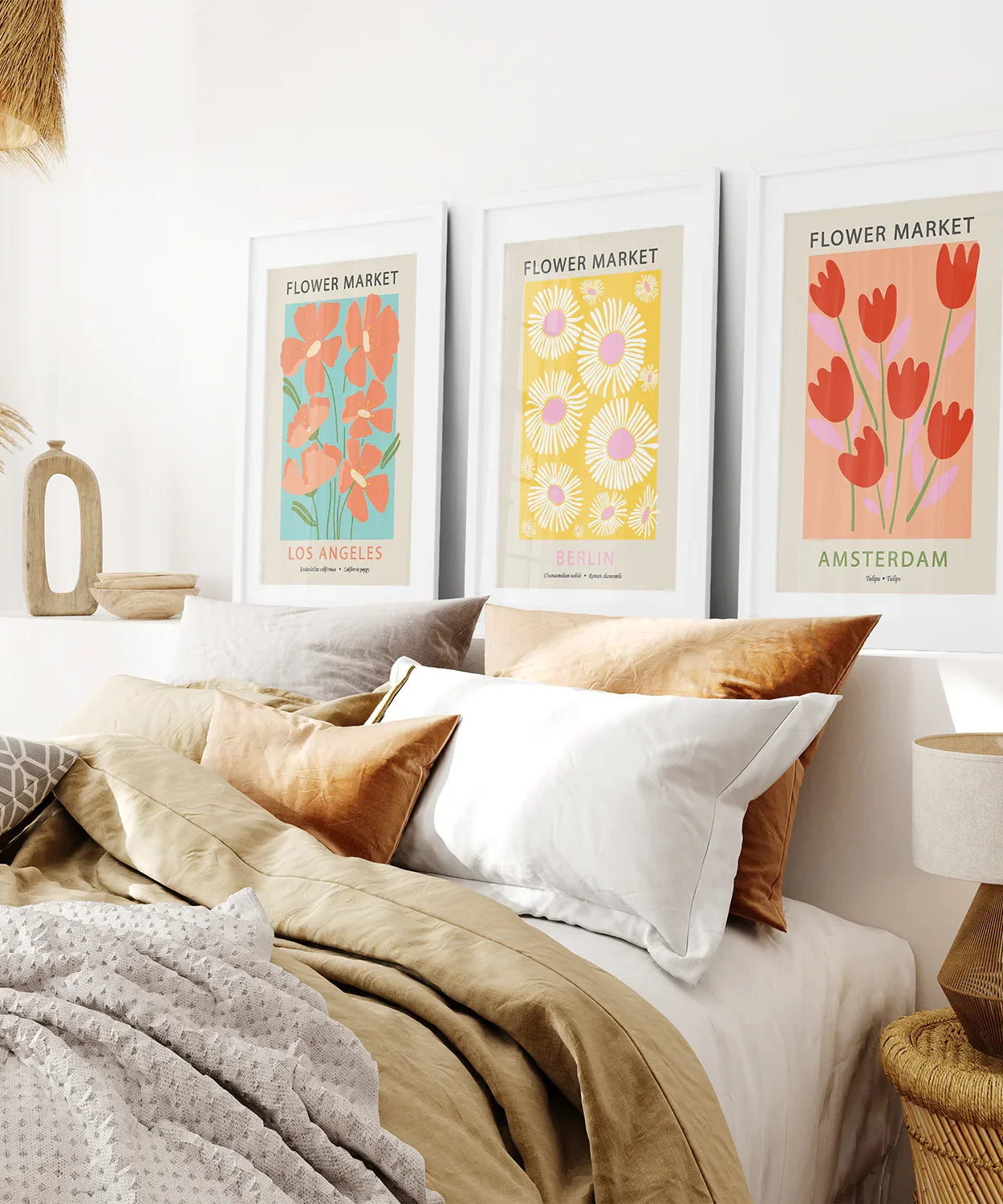 3-teiliges botanisches Boho-Kunst-Set. Thema Blumenmarkt
