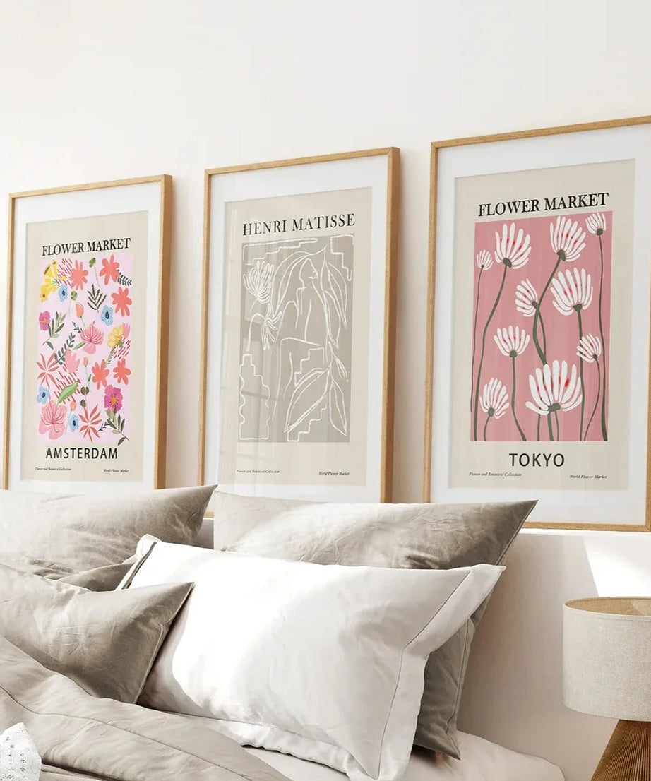 Pink und Beige Blumenmarkt 3er-Set. Retro-Stil