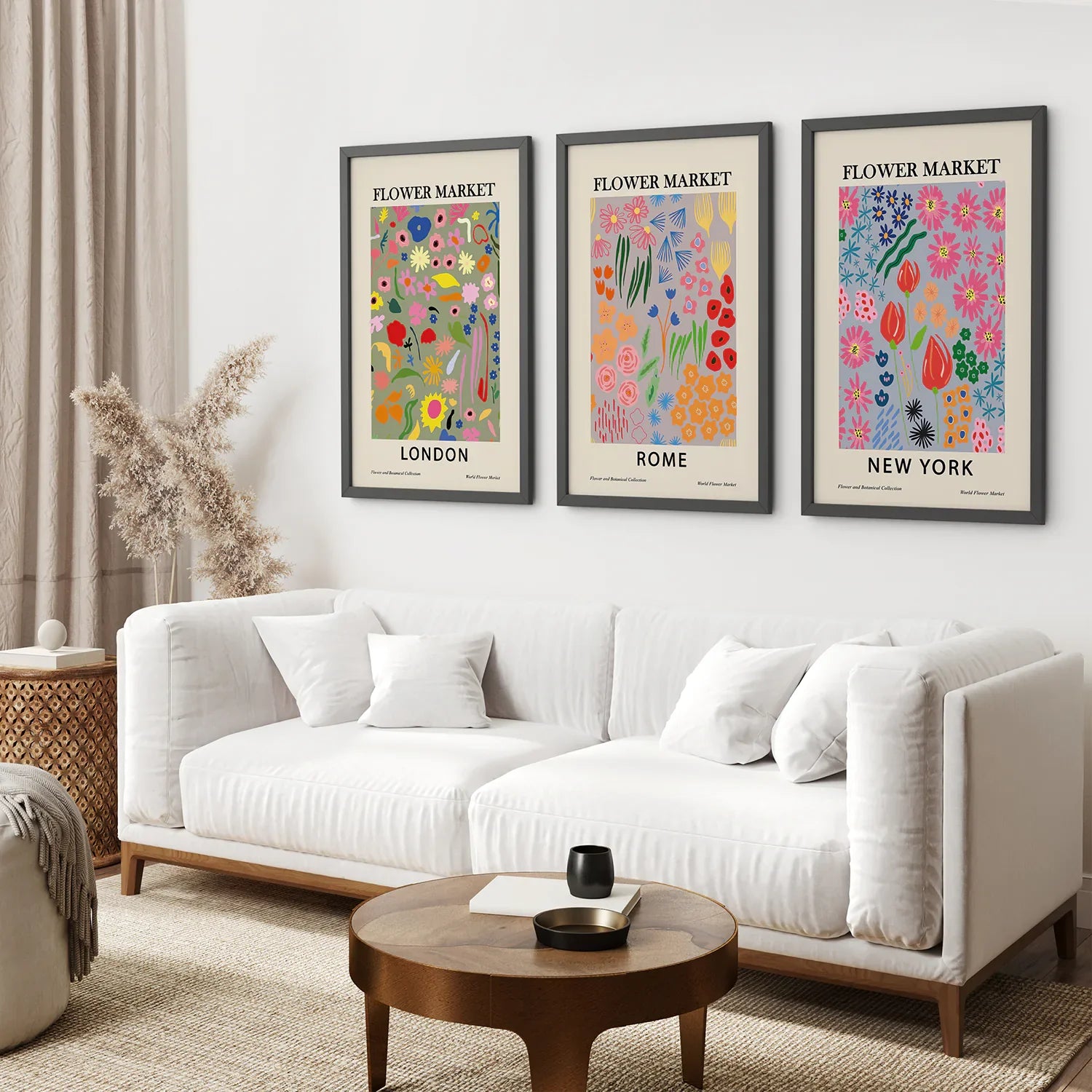 Boho Blumenmarkt 3er-Poster-Set. New York, London, Rom
