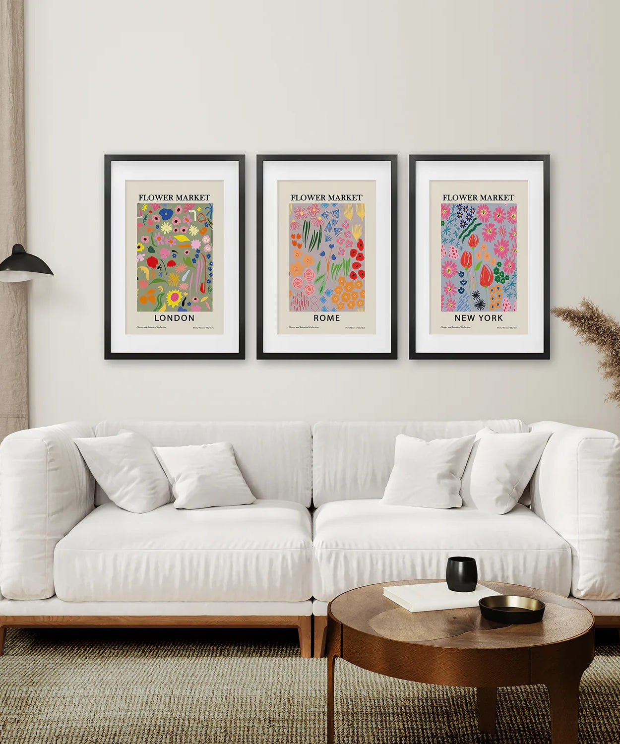 Boho Blumenmarkt 3er-Poster-Set. New York, London, Rom