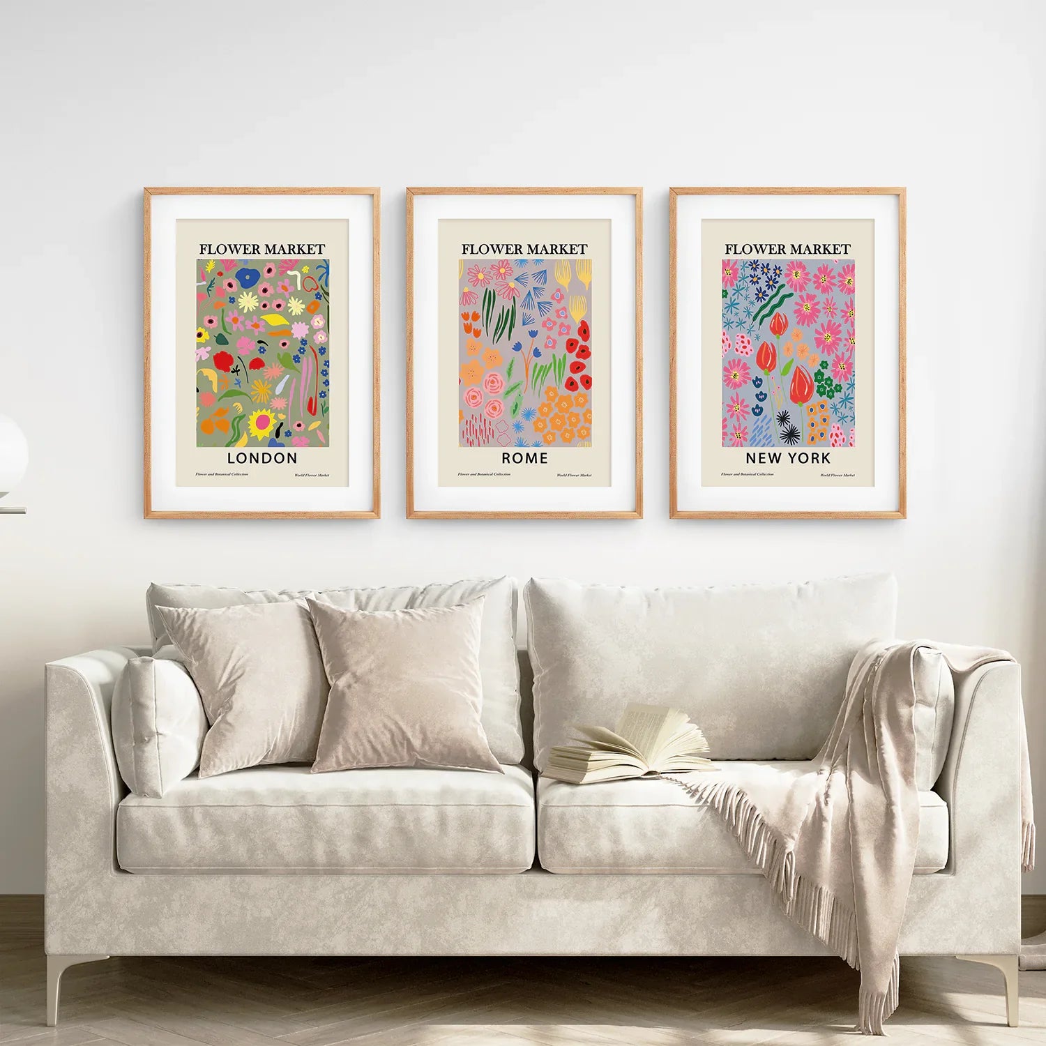 Boho Blumenmarkt 3er-Poster-Set. New York, London, Rom
