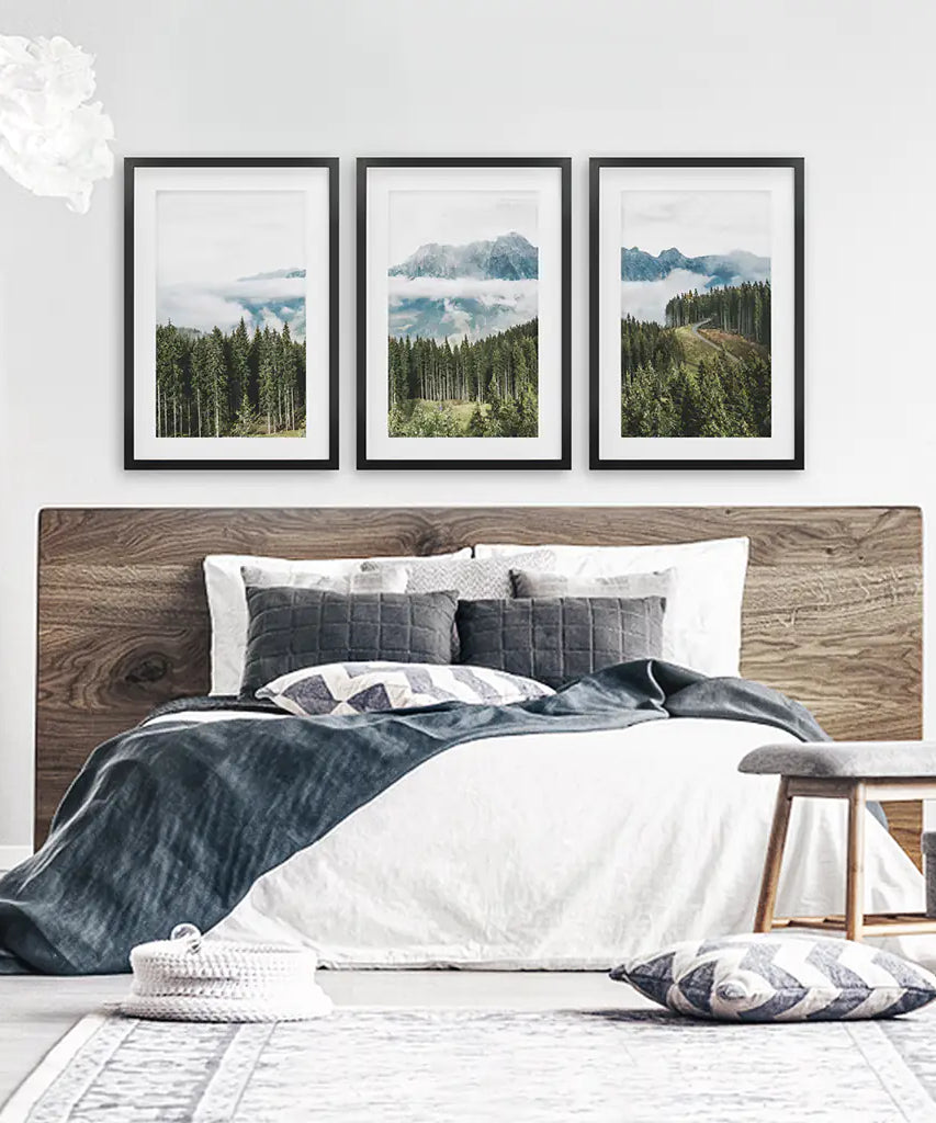 Green Pine Tree Forest. Blue Foggy Mountains. Set of 3 Prints