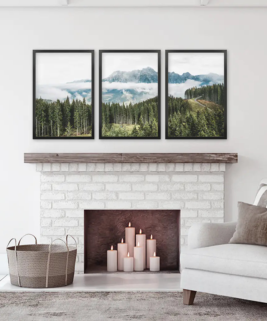 Green Pine Tree Forest. Blue Foggy Mountains. Set of 3 Prints